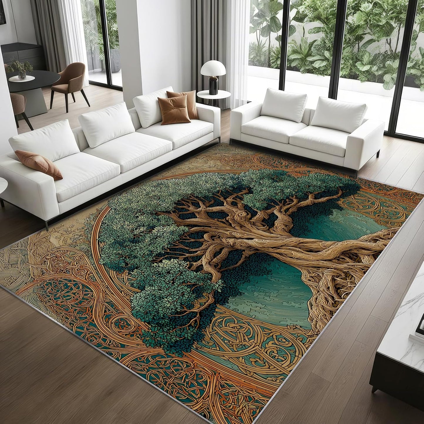 Tree of Life Area Rug for Bedroom, Viking Celtic Knot Washable Rugs, 8x10 Rug for Living Room, Non Slip & Soft Low Pile & Stain Resistant Large Carpet, Botanical Home Decor Gifts