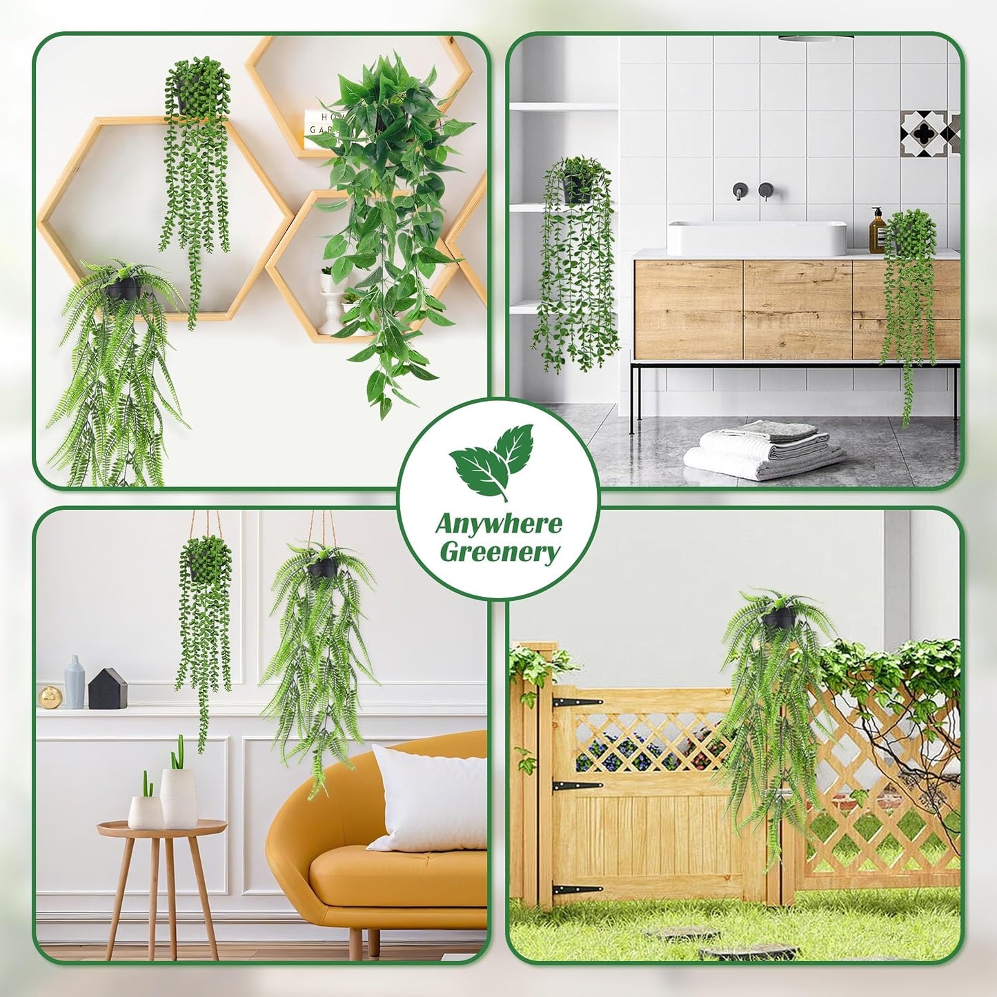 Der Rose 4Pcs Fake Hanging Plants with Lush Cascading Greenery Artificial plants with black pots, 20–34 in long faux vine, for bathroom, kitchen, living room wall, shelf decor indoor