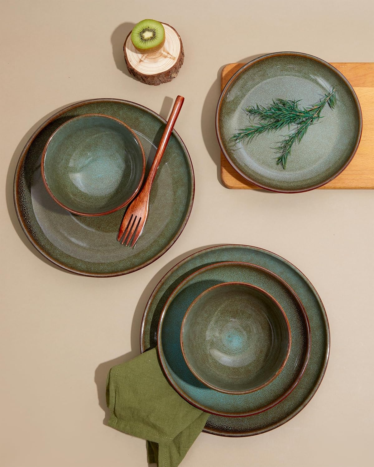 Pokini 32-Piece Stoneware Dinnerware Set for 8, Reactive Glaze Plates & Bowls, Microwave & Dishwasher Safe, Brown Green