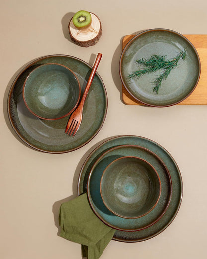 Pokini 32-Piece Stoneware Dinnerware Set for 8, Reactive Glaze Plates & Bowls, Microwave & Dishwasher Safe, Brown Green