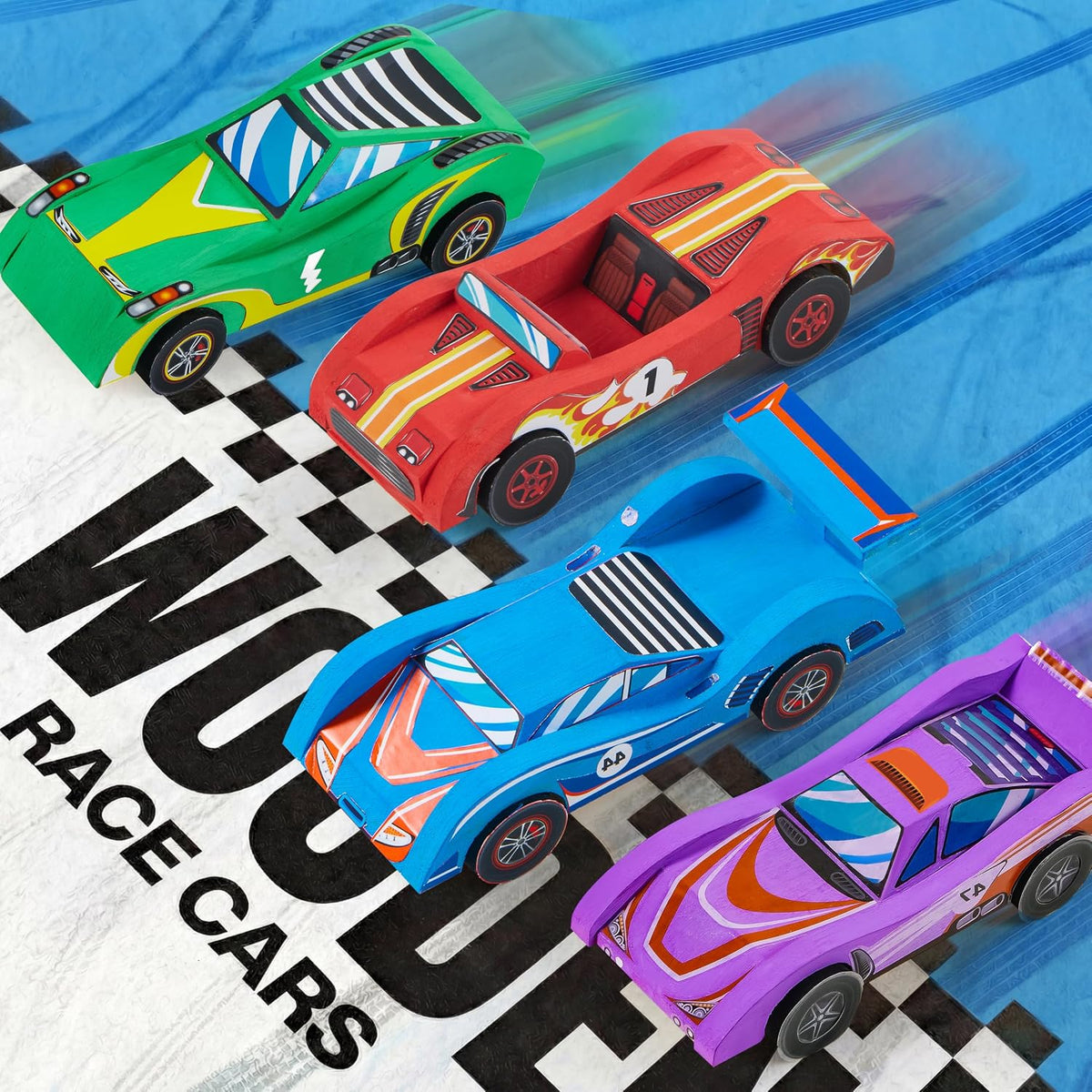 Klever Kits 4 DIY Wooden Race Cars Craft Kit, Build & Paint Your Own Wooden Race Cars, 44-Piece Arts & Crafts Set with Paints, Brushes, Stickers & Glue, Kids Ages 8+, Multicolor