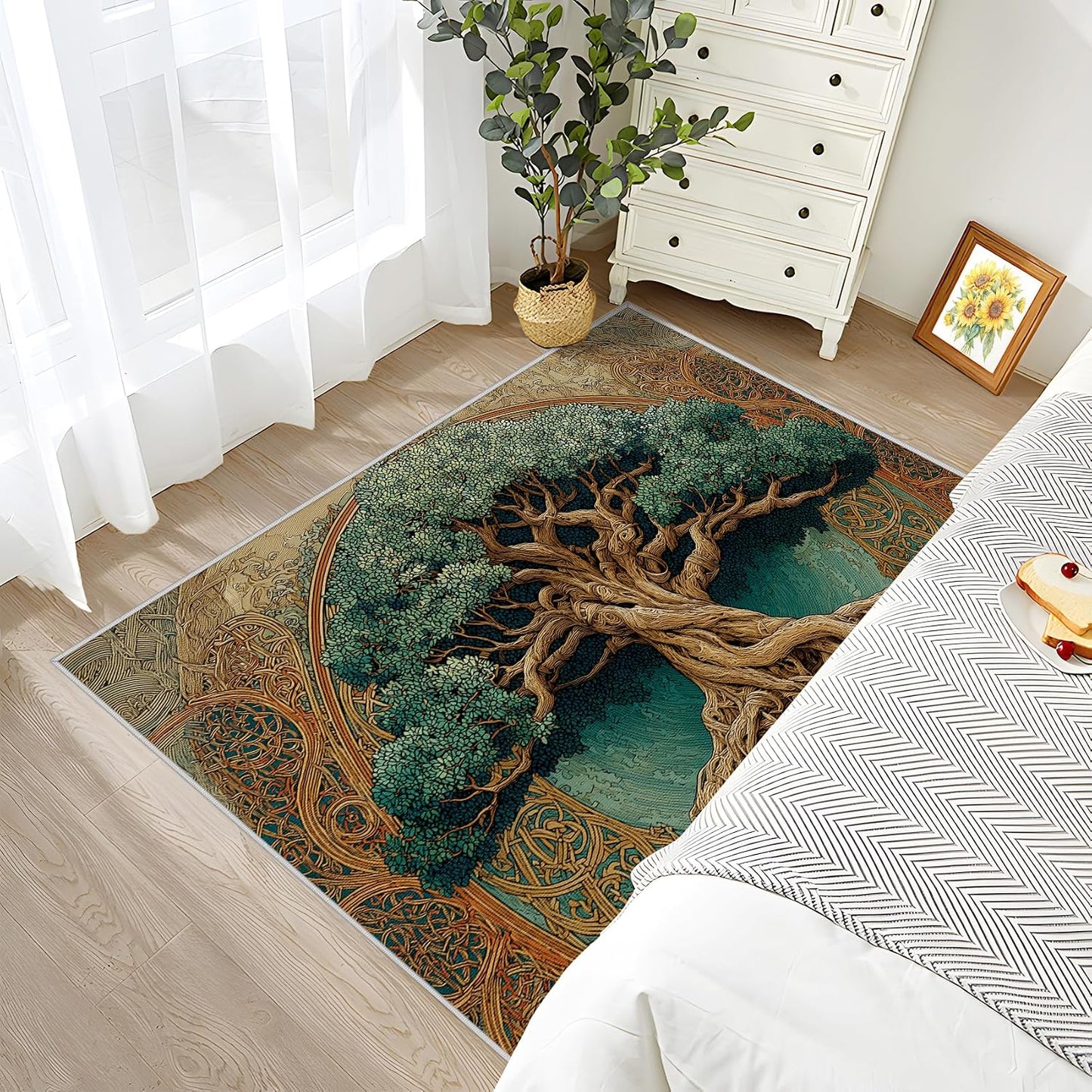 Tree of Life Area Rug for Bedroom, Viking Celtic Knot Washable Rugs, 8x10 Rug for Living Room, Non Slip & Soft Low Pile & Stain Resistant Large Carpet, Botanical Home Decor Gifts