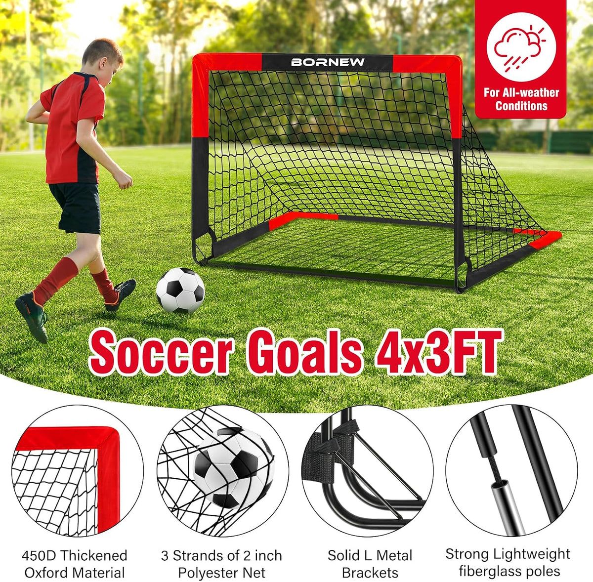 BORNEW 2-Pack Kids Soccer Goals, 4 x 3 FT Portable Pop-Up Soccer Nets with Carrying Bag & 8 Heavy-Duty Ground Stakes, Backyard & Indoor Soccer Training Set