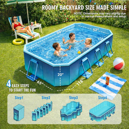 Foldable Swimming Pool, Non-Inflatable 116" x 65" x 20", Large Rectangular Above Ground Pool with 3 Drain Outlets, Portable Family Pool for Backyard & Garden, Blue