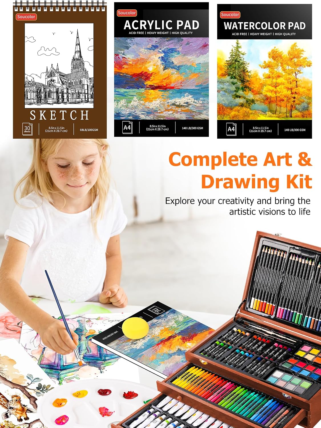 Soucolor 192-Piece Deluxe Art Set, Drawing & Painting Supplies Kit with Acrylics, Watercolors, Colored Pencils, Oil Pastels, Canvas Boards & Wooden Case for Adults & Artists