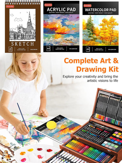 Soucolor 192-Piece Deluxe Art Set, Drawing & Painting Supplies Kit with Acrylics, Watercolors, Colored Pencils, Oil Pastels, Canvas Boards & Wooden Case for Adults & Artists