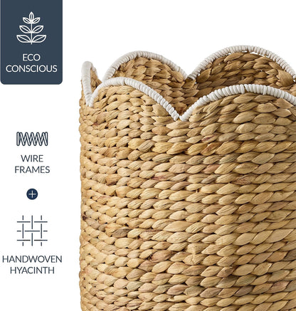 Best Choice Products 3pc Water Hyacinth Scalloped Multipurpose Nesting Baskets, Storage Bin Organization Totes for Living Room, Bedroom, Nursery, Laundry Room - Natural w/White Trim