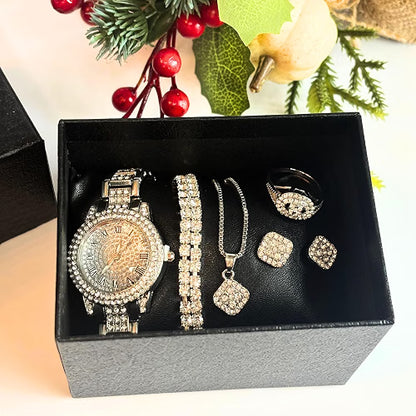 OLALACLAYCO Rhinestone Watch Jewelry Set, 6-Piece Rose Gold Bling Set with Watch, Necklace, Bracelet, Ring & Earrings, Hip Hop Style Fashion Jewelry
