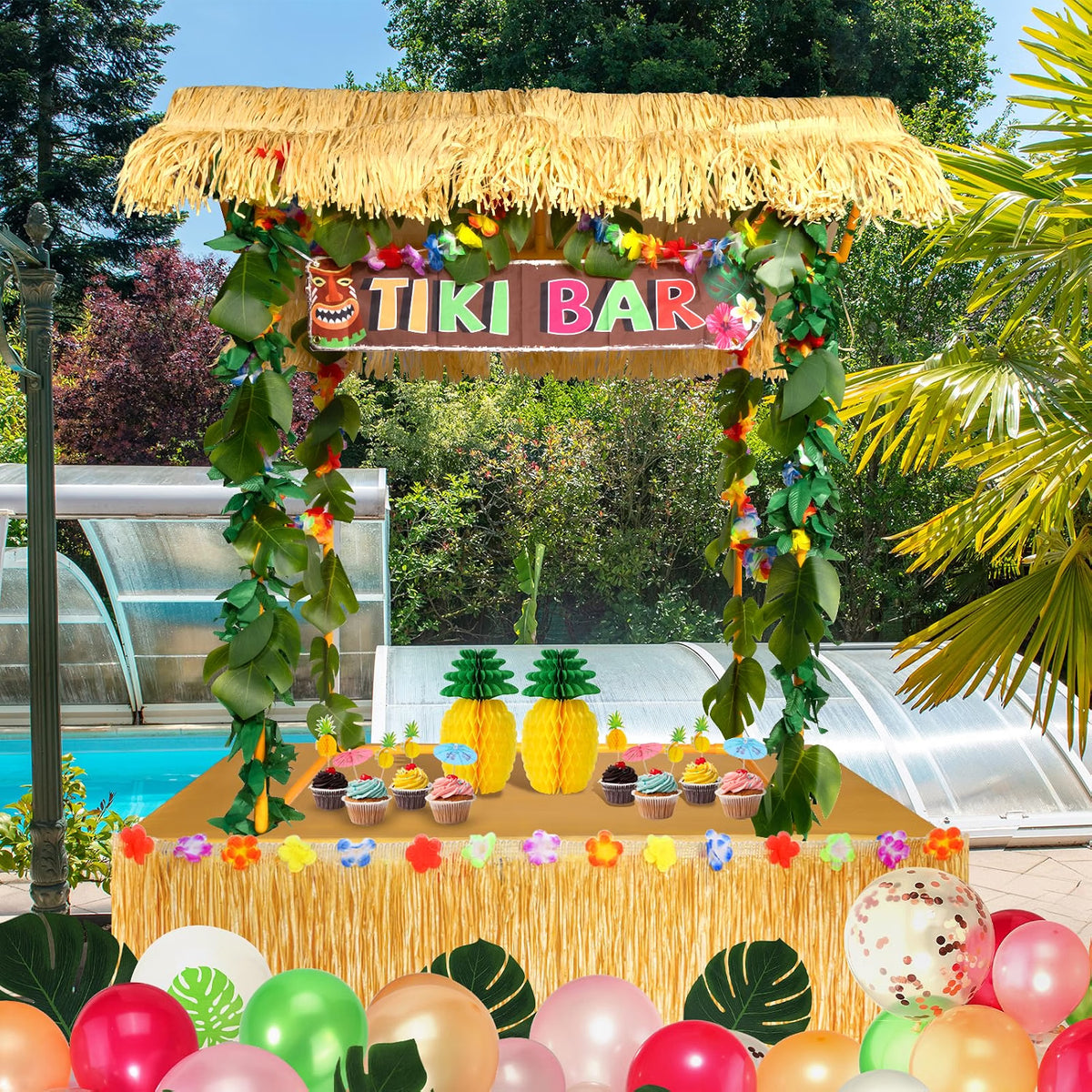 Auihiay 50-Piece Tiki Bar Hut Kit, Hawaiian Luau Party Decorations with Tiki Bar Roof, Banner, Flower Garland, Palm Leaves, Table Skirt & Tablecloth, Yellow