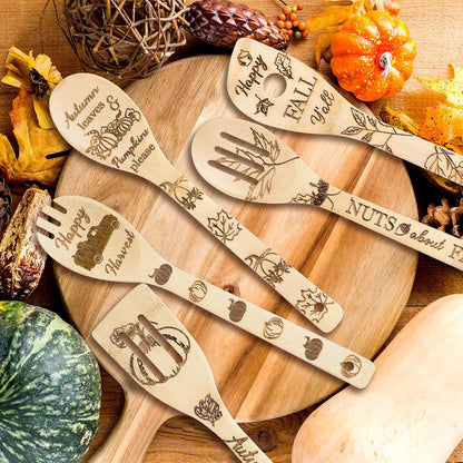 Eartim Autumn Wooden Cooking Utensil Set, 5-Piece Natural Bamboo Kitchen Spoon & Spatula Set with Seasonal Fall Designs, Non-Stick Cookware Tools, Autumn