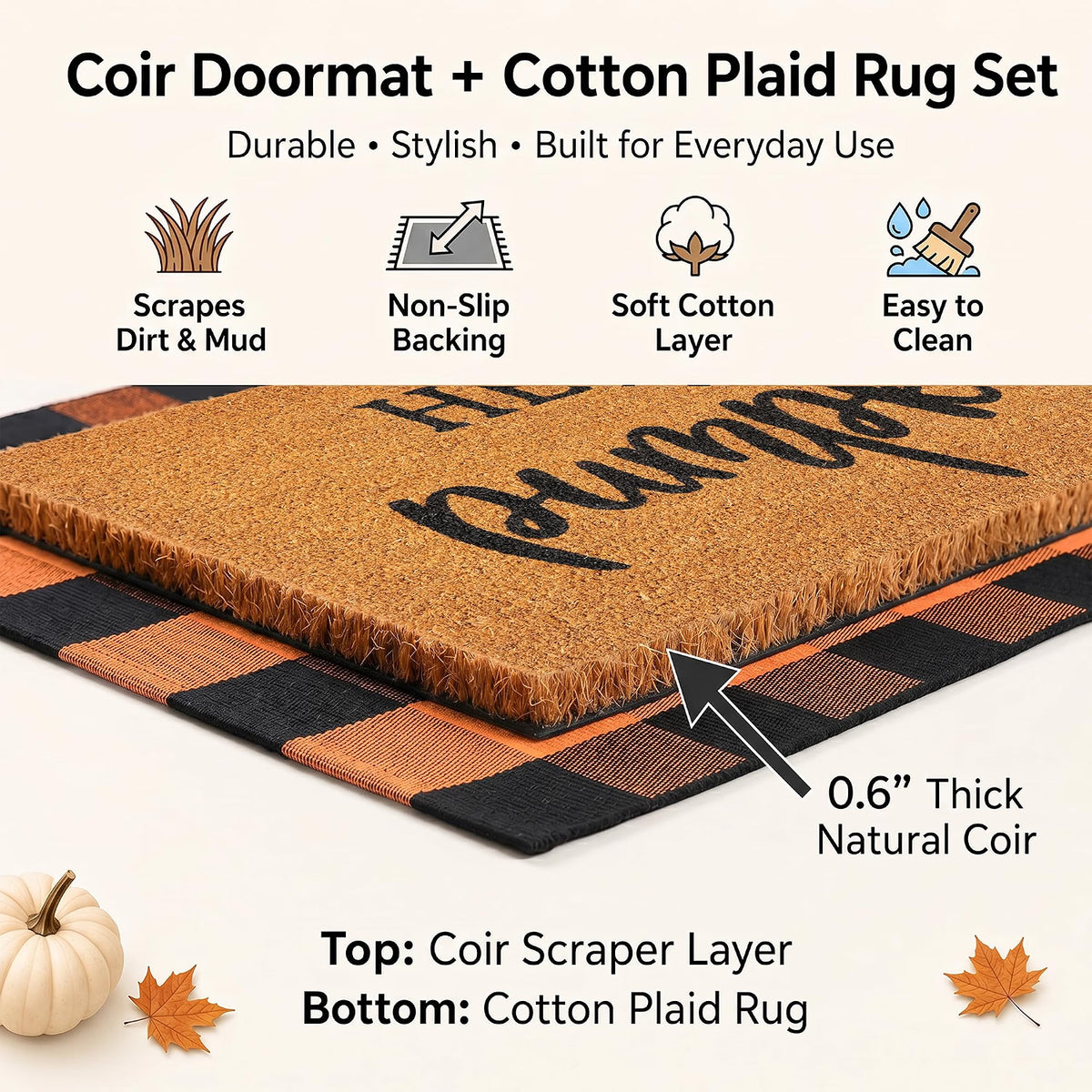 Homydecor Fall Decor Doormat Combo Set, 100% Coco Coir Welcome Mat with 3 x 5 Ft Orange & Black Plaid Rug, Autumn Thanksgiving Front Porch Entryway Decor, Hello Pumpkin