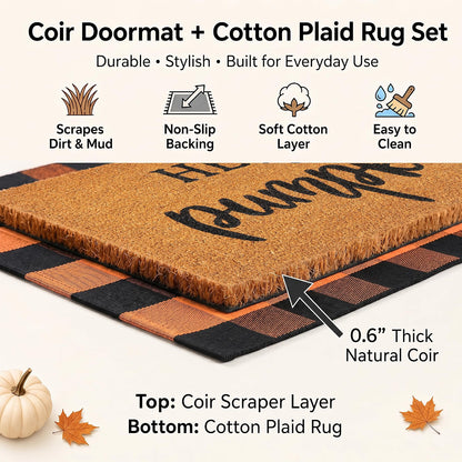 Homydecor Fall Decor Doormat Combo Set, 100% Coco Coir Welcome Mat with 3 x 5 Ft Orange & Black Plaid Rug, Autumn Thanksgiving Front Porch Entryway Decor, Hello Pumpkin