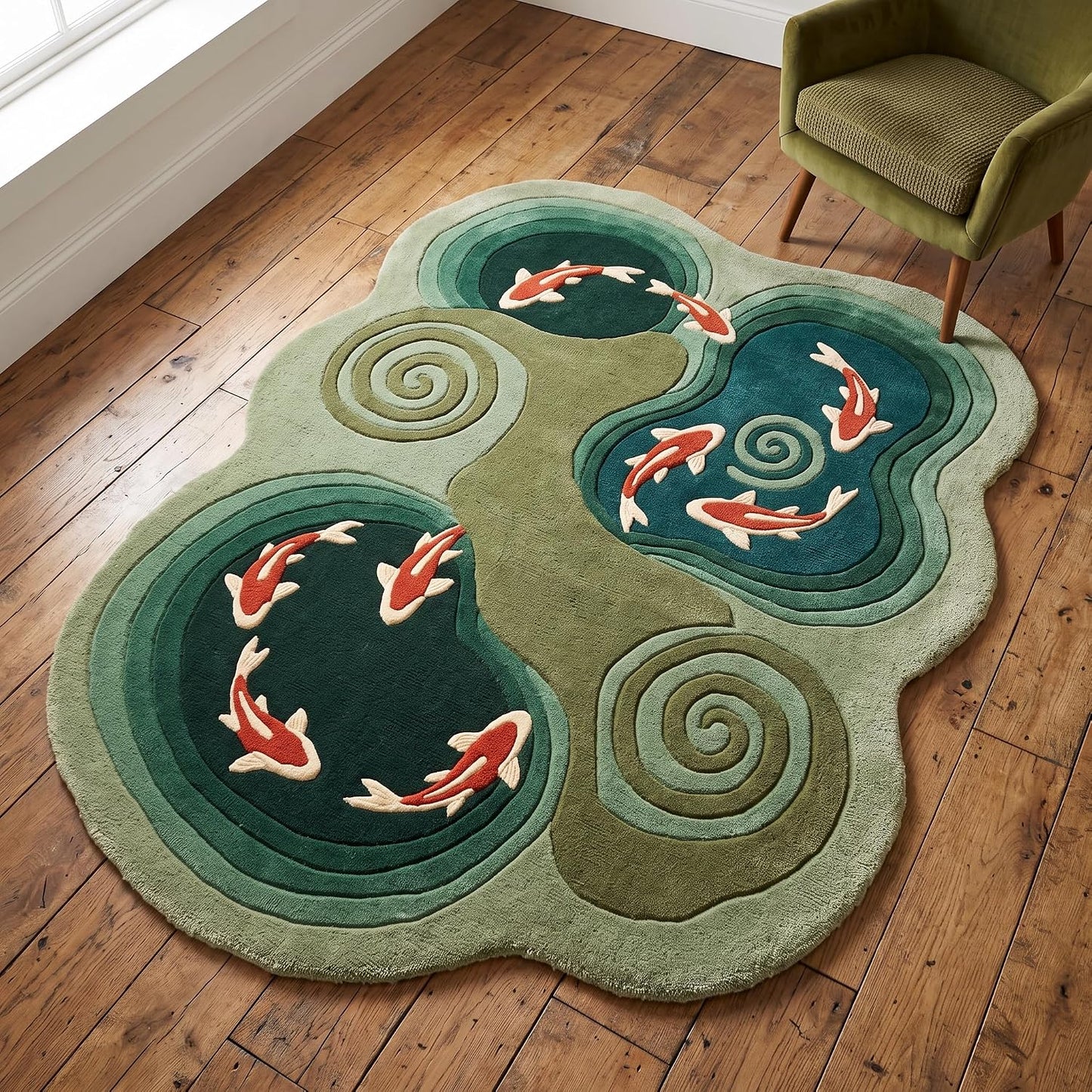 Koi Fish Pond Shaped Wool Rug, Hand-Tufted Green Zen Garden Area Rug with Koi & Water Spirals, Japanese Irregular Carpet for Living Room & Bedroom, Feng Shui Decor, 7x10 ft (213 x 304 cm)
