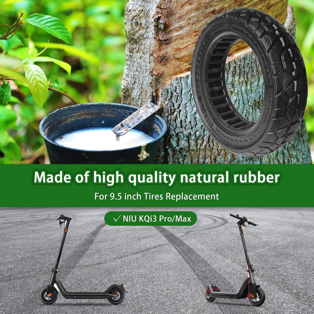 Hromra 9.5 x 2.50 Off-Road Solid Scooter Tire, 9.5x2.5-6.1 Tubeless Puncture-Resistant Replacement Tire for NIU KQi3 Pro & Max Electric Scooters, 1-Pack