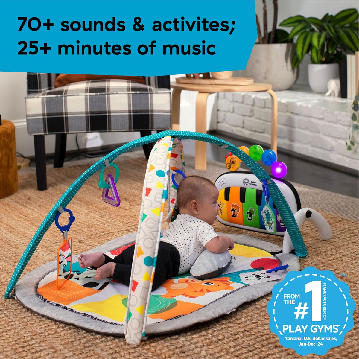 Baby Einstein 4-in-1 Kickin' Tunes Music & Language Play Gym, Piano Tummy Time Activity Mat with Lights, Music & Sensory Toys for Babies, 0–36 Months