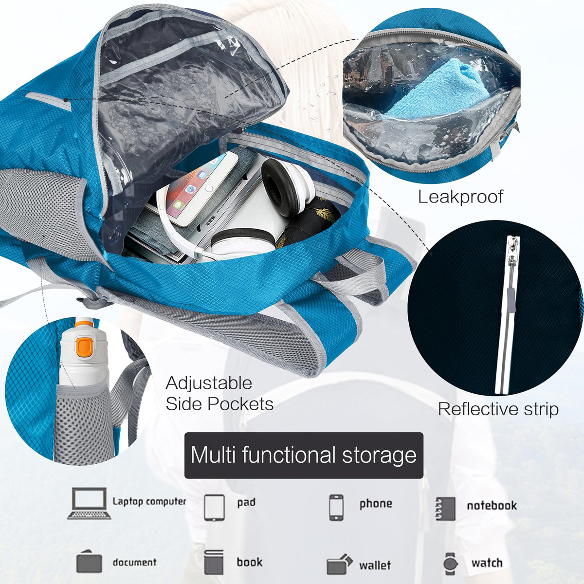 HyperionFlo Essentials Waterproof Foldable Hiking Backpack, Lightweight 30L Daypack for Hiking, Travel & Beach, Blue