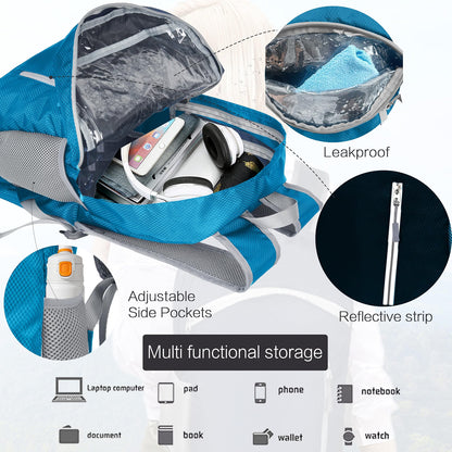 HyperionFlo Essentials Waterproof Foldable Hiking Backpack, Lightweight 30L Daypack for Hiking, Travel & Beach, Blue