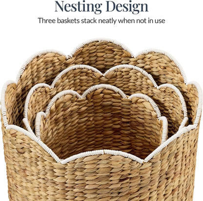 Best Choice Products 3pc Water Hyacinth Scalloped Multipurpose Nesting Baskets, Storage Bin Organization Totes for Living Room, Bedroom, Nursery, Laundry Room - Natural w/White Trim