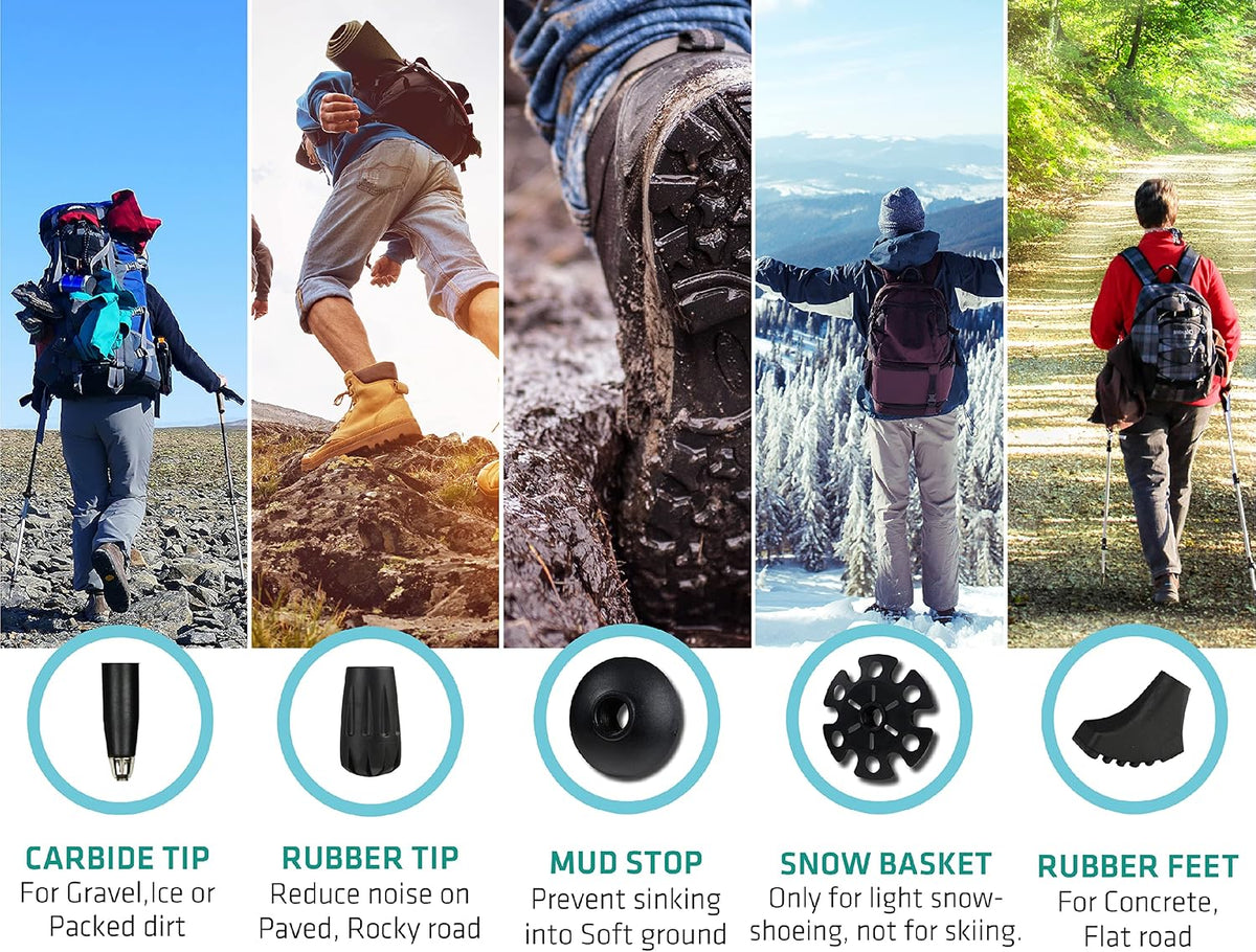 Trekology Trek-Z Cork Grip Collapsible Lightweight Hiking Trekking Poles Adjustable folding aluminum walking stick for men, women and seniors; foldable, retractable staff for travel and balance
