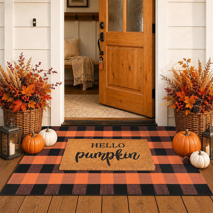 Homydecor Fall Decor Doormat Combo Set, 100% Coco Coir Welcome Mat with 3 x 5 Ft Orange & Black Plaid Rug, Autumn Thanksgiving Front Porch Entryway Decor, Hello Pumpkin