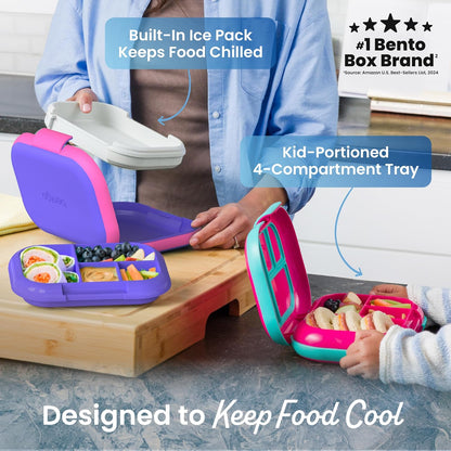 Kids 4-Compartment Bento Box with Built-In Ice Pack, Leakproof Lunch Box for School, Daycare & Travel