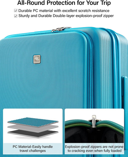 Hanke 28-Inch Expandable Luggage with Spinner Wheels, Top-Opening Hard Shell Suitcase with Cup Holder, TSA Lock, USB Port & 130L Capacity, Caribbean Blue