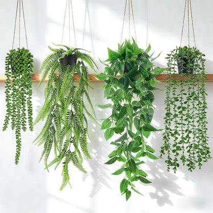 Der Rose 4Pcs Fake Hanging Plants with Lush Cascading Greenery Artificial plants with black pots, 20–34 in long faux vine, for bathroom, kitchen, living room wall, shelf decor indoor