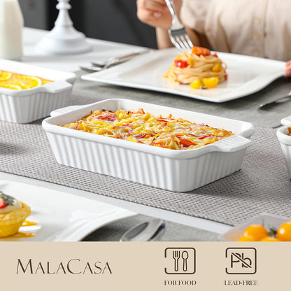 MALACASA Casserole Dishes for Oven, Ceramic Baking Dishes Set of 4, White Rectangular Deep Lasagna Pans with Handles for Roasting Vegetable, Cake, Durable Bakeware, Wedding Gift(9.4/11.1/12.2/14.7")