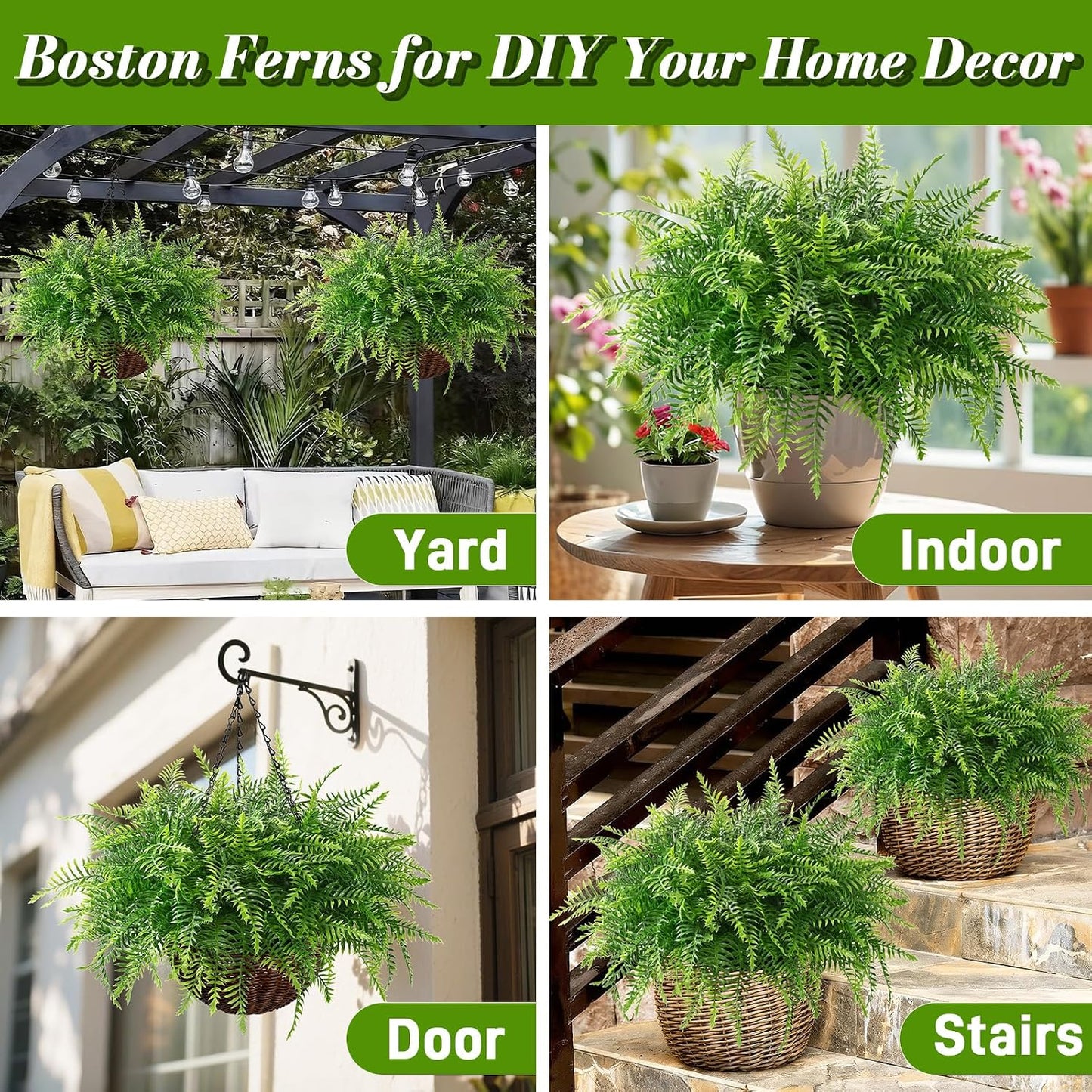 Waipfaru 2 Pack Fake Hanging Fern Plants Outdoor - Green UV Resistant Artificial Outdoor Hanging Plants, Realistic Faux Greenery Fern for Patio Front Porch Garden Home Decor