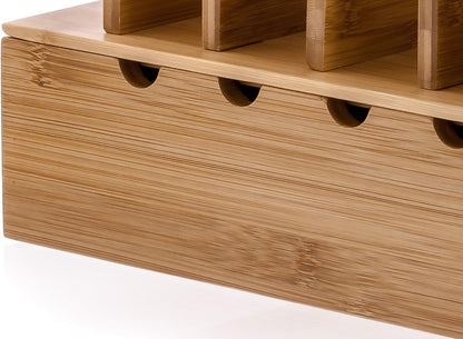 Prosumer's Choice Wooden Charging Station Organizer - 5-Port Base for Phones, Tablets and Laptops - Multi-Device Docking Station with Removable Divider Slots - Cord Box with Cable Management - Bamboo