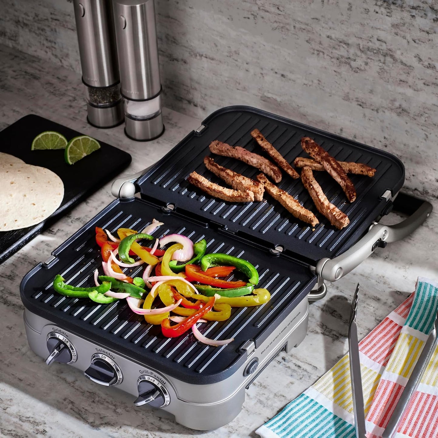 Cuisinart Panini Press and Grill, 1500W 5-in-1 Griddler, Dishwasher-Safe Panini press, sandwich maker & indoor grill with reversible nonstick plates & dual heat control, GR-4NNAS