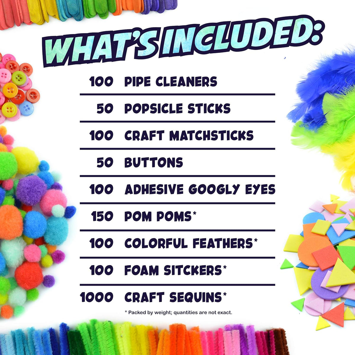 Carl & Kay Arts & Crafts Supplies Kit for Kids & Toddlers, 1,750-Piece Craft Materials Set with Pipe Cleaners, Popsicle Sticks, Googly Eyes, Pom Poms, Feathers, Buttons & Sequins