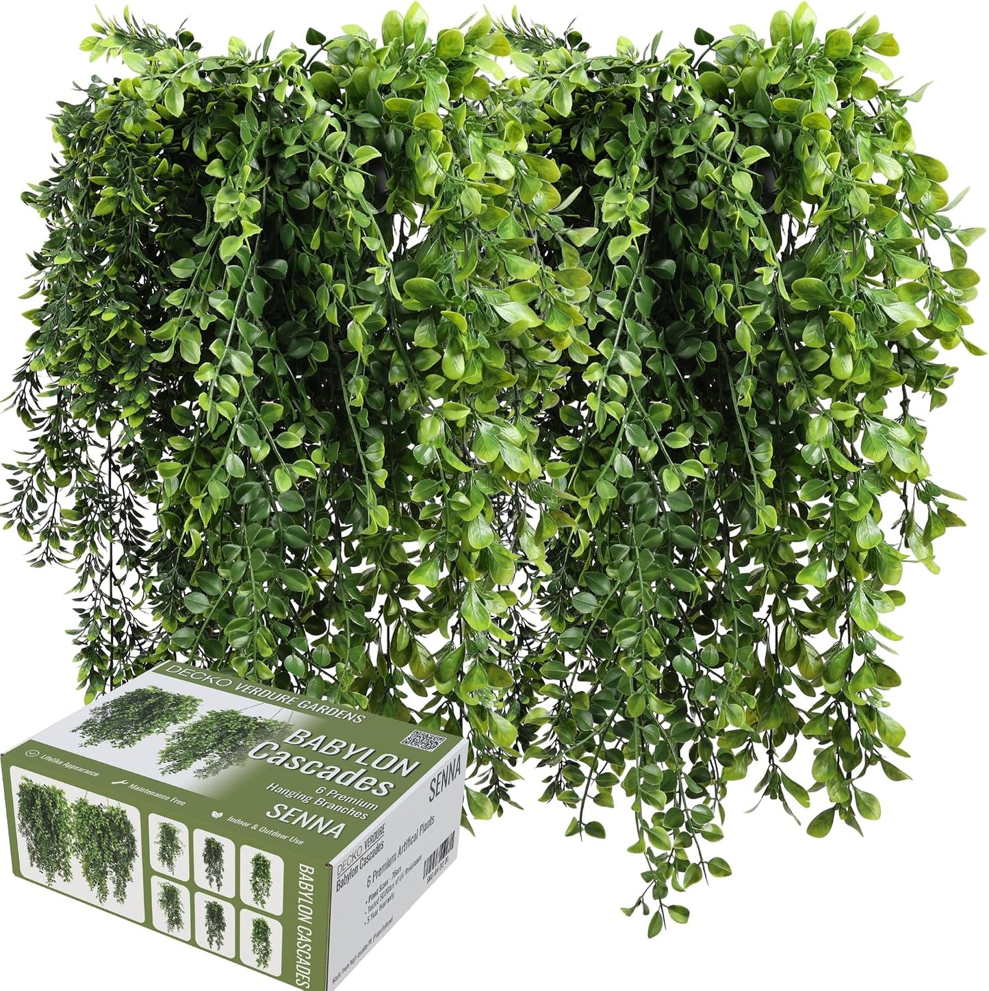 DECKO Artificial Plants - Fake Plants & Flowers Indoor and Outdoor - UV Resistant Hanging Plants for Living Room, Balcony, Patio, Kitchen etc - Faux Greenery - Senna Collection (2 Sets of 3 Cascades)