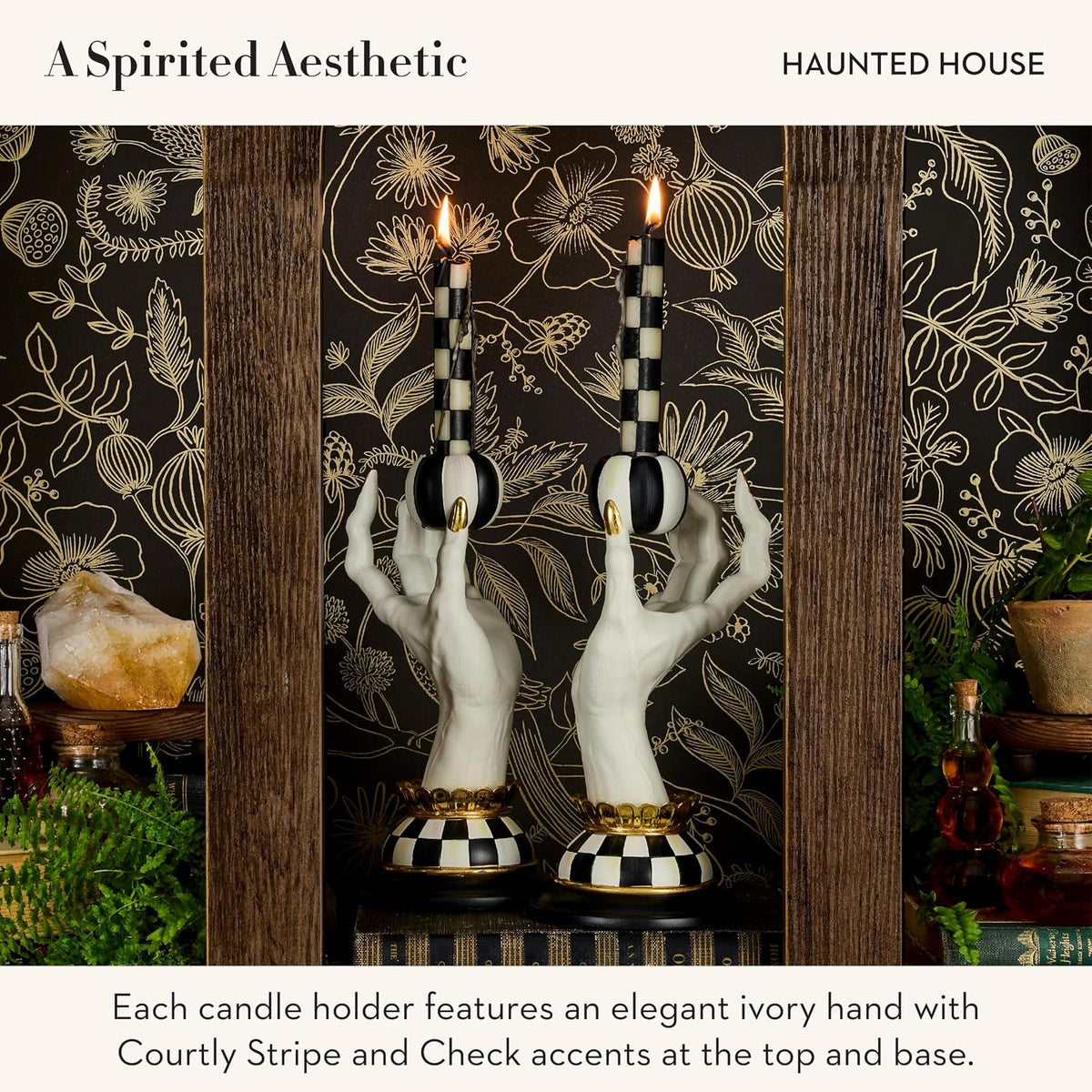 MACKENZIE-CHILDS Resin Haunted House Spooky Hand Candle Holder Set Hand-painted design, decorative fall and Halloween home decor, fits dinner candles, 5.25" W x 10" H, set of 2