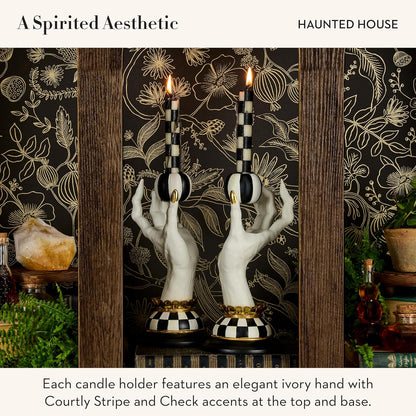 MACKENZIE-CHILDS Resin Haunted House Spooky Hand Candle Holder Set Hand-painted design, decorative fall and Halloween home decor, fits dinner candles, 5.25" W x 10" H, set of 2