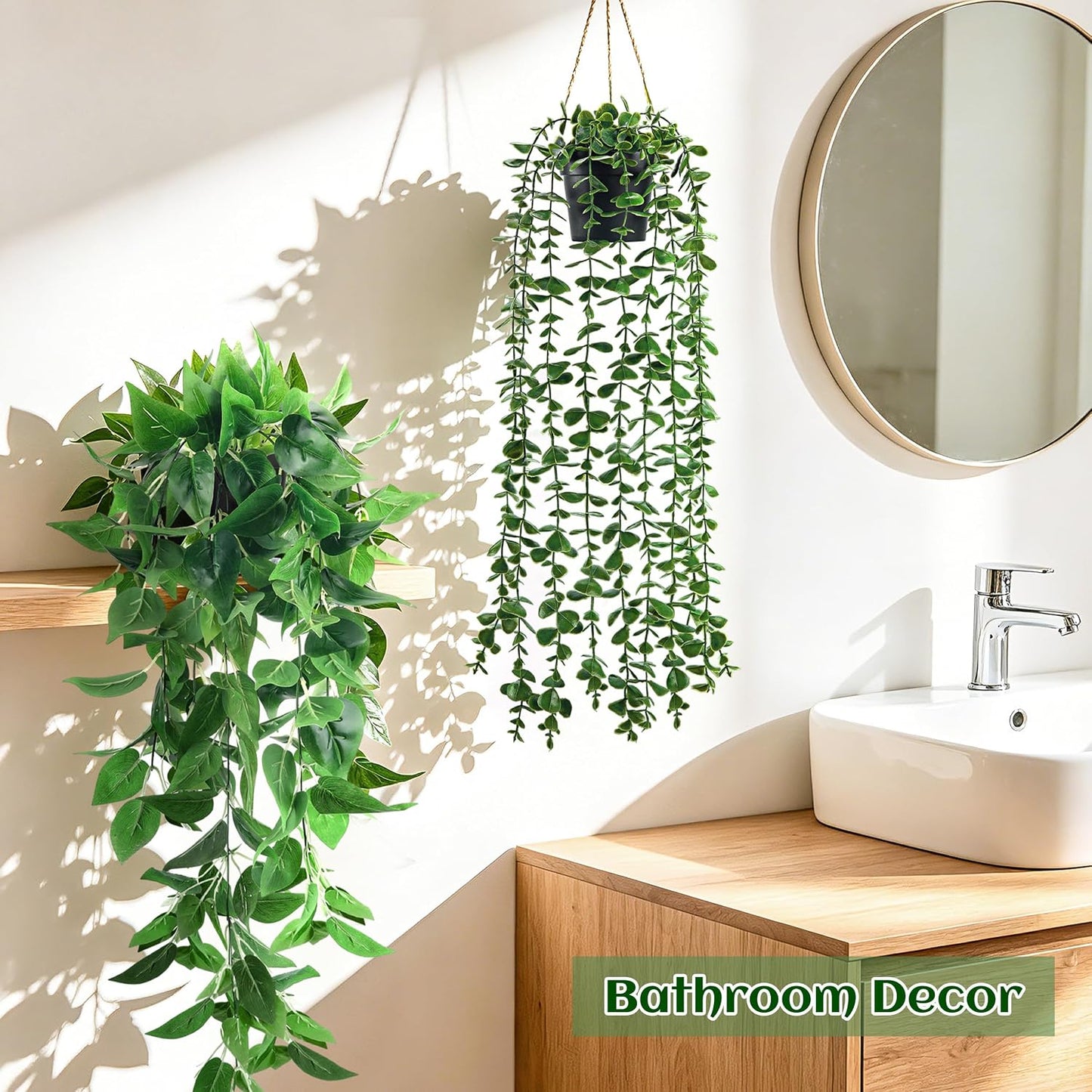 Der Rose 4Pcs Fake Hanging Plants with Lush Cascading Greenery Artificial plants with black pots, 20–34 in long faux vine, for bathroom, kitchen, living room wall, shelf decor indoor