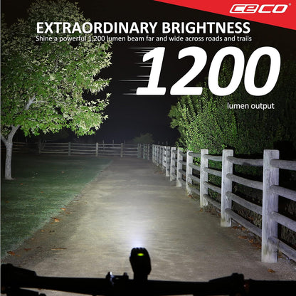 CECO F1200 1200-Lumen USB Rechargeable Bike Light, IP67 Waterproof & FL-1 Impact Resistant Bicycle Headlight with Flexible Handlebar Mount, 14 Modes, Black