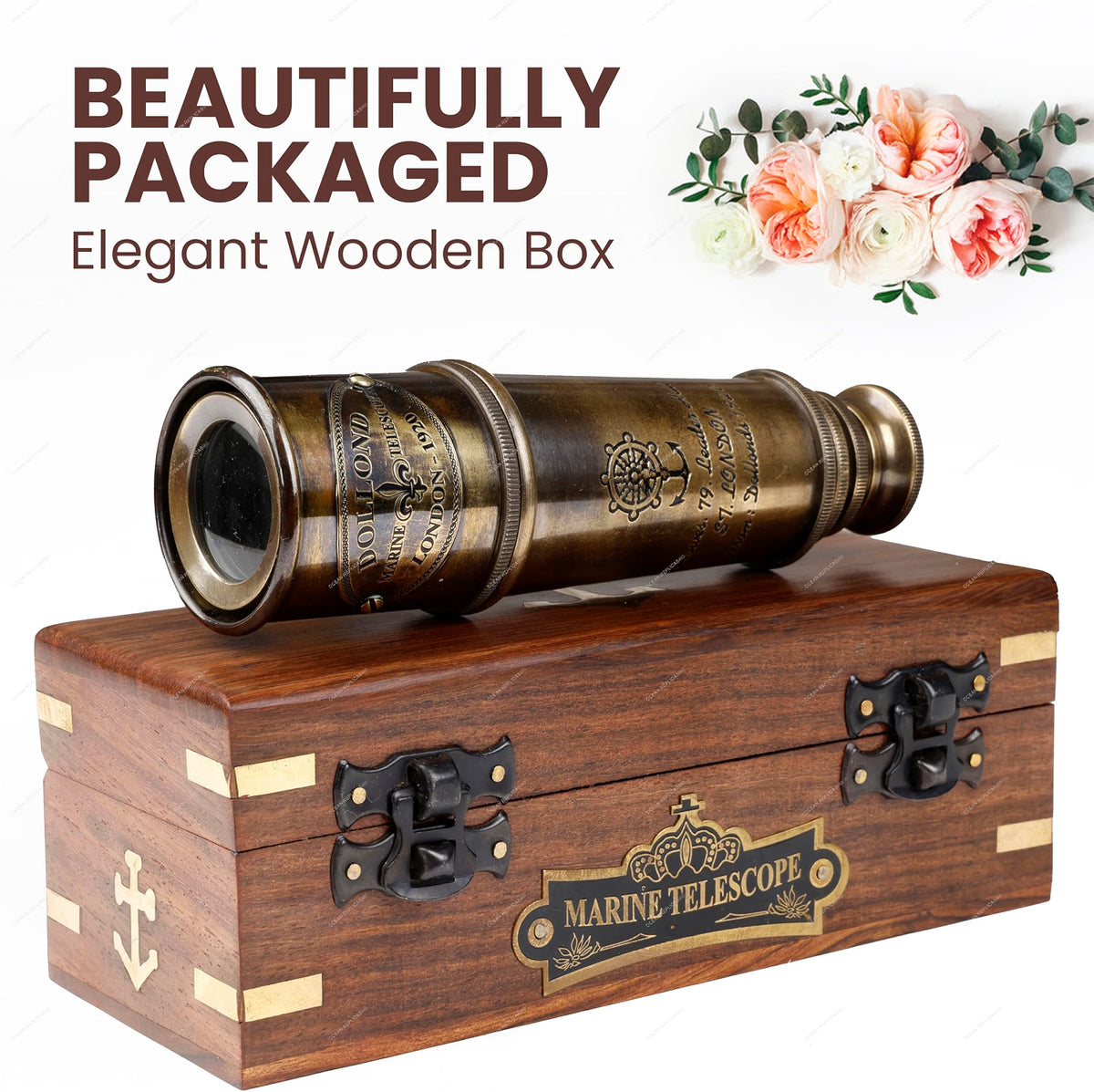OCEAN REPLICAS 1920 Dollond London Brass Maritime Telescope, 15-Inch Vintage Nautical Spyglass with 25x Magnification, Solid Brass Scope & Wooden Box