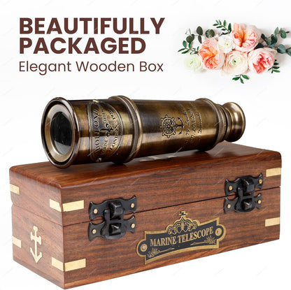 OCEAN REPLICAS 1920 Dollond London Brass Maritime Telescope, 15-Inch Vintage Nautical Spyglass with 25x Magnification, Solid Brass Scope & Wooden Box