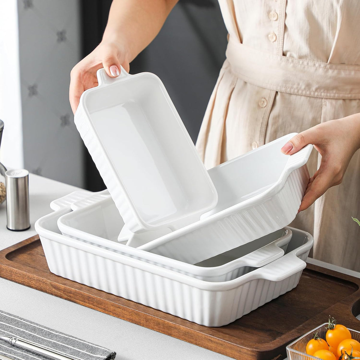 MALACASA Casserole Dishes for Oven, Ceramic Baking Dishes Set of 4, White Rectangular Deep Lasagna Pans with Handles for Roasting Vegetable, Cake, Durable Bakeware, Wedding Gift(9.4/11.1/12.2/14.7")
