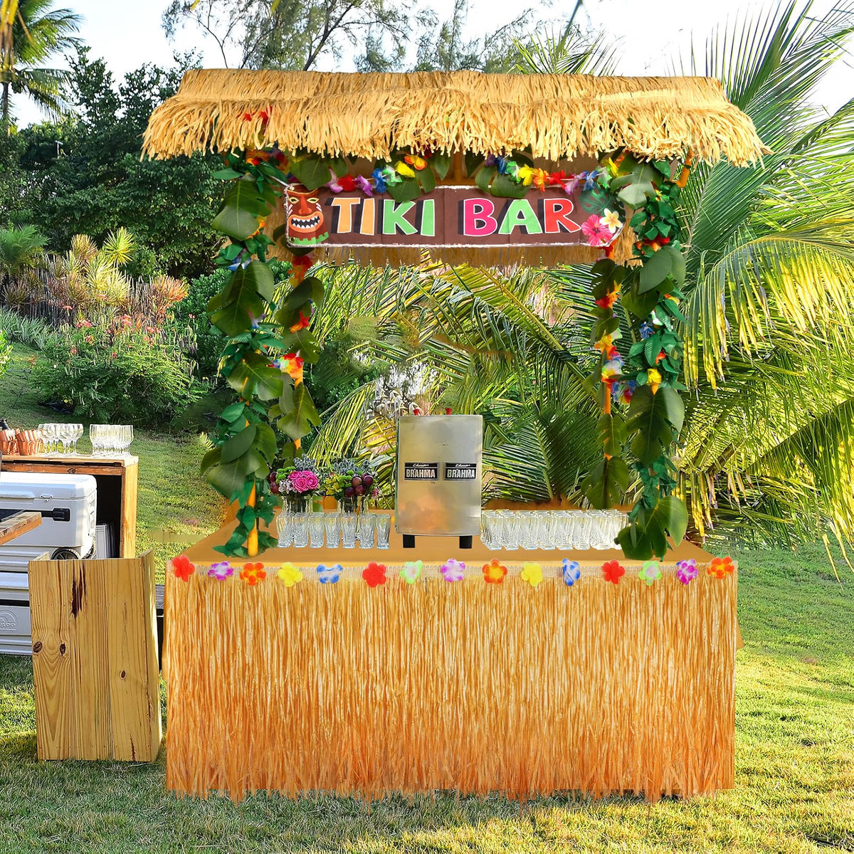 Auihiay 50-Piece Tiki Bar Hut Kit, Hawaiian Luau Party Decorations with Tiki Bar Roof, Banner, Flower Garland, Palm Leaves, Table Skirt & Tablecloth, Yellow