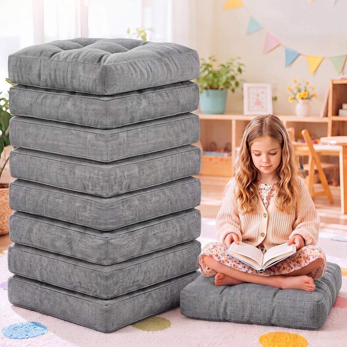 Juexica 8 Pack Floor Cushions for Kid 3.5",Grey,Square Extra Thick Floor Pillows, Flexible Seating Cushion, Flexible Seating Classroom Furniture, Meditation Cushion for Home Office
