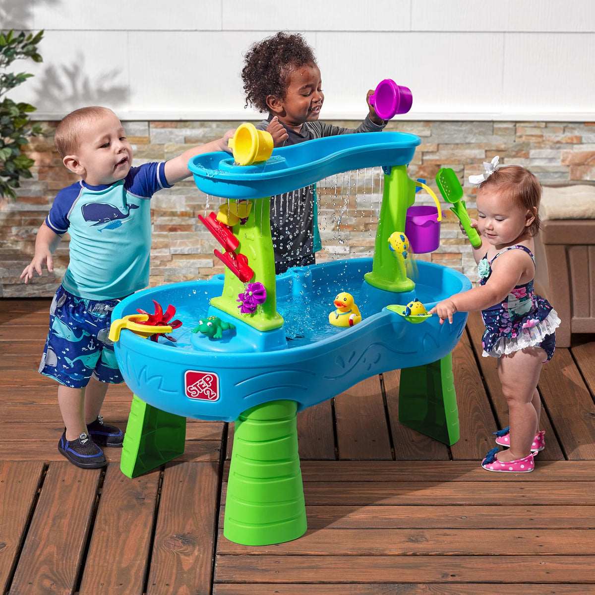 Step2 Rain Showers Splash Pond Toddler Water Table, Outdoor Kids Water Sensory Table with 13-Piece Water Toy Accessories, STEM Water Play, Ages 18+ Months, Blue & Green