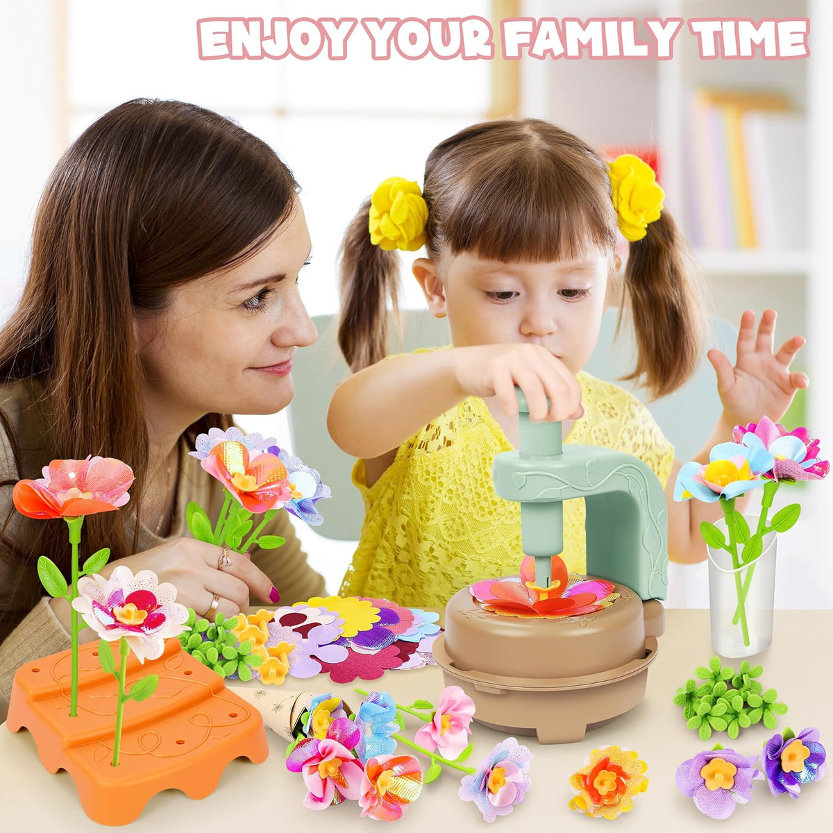 Toyly DIY Fabric Flower Bouquet Craft Kit, 152-Piece Flower Market Set for Kids Ages 4+, Educational Arts & Crafts Toy with Flower Maker, Vases & Bouquet Accessories, Yellow-Green