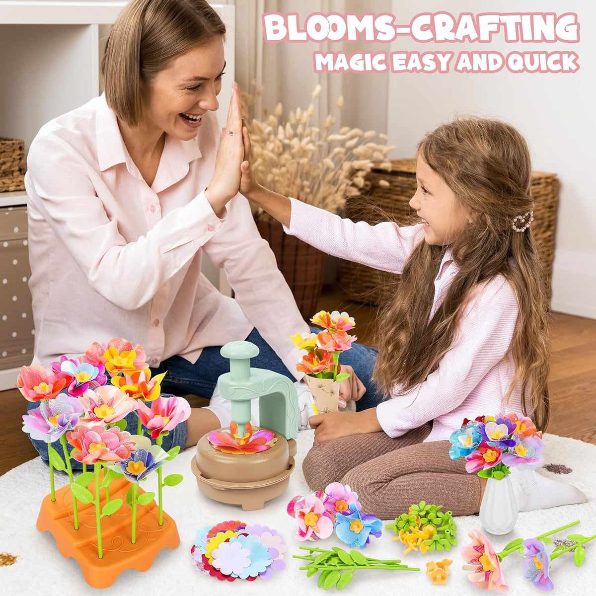 Toyly DIY Fabric Flower Bouquet Craft Kit, 152-Piece Flower Market Set for Kids Ages 4+, Educational Arts & Crafts Toy with Flower Maker, Vases & Bouquet Accessories, Yellow-Green