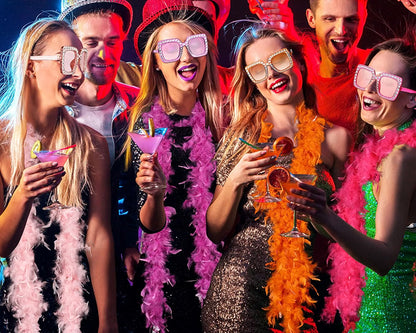 Canlierr 60g 6.6 FT Colorful Feather Boas Pack with Matching Square Sunglasses, 4-Piece Turkey Feather Party Scarves for Adults, Dancing, Costumes & Celebrations