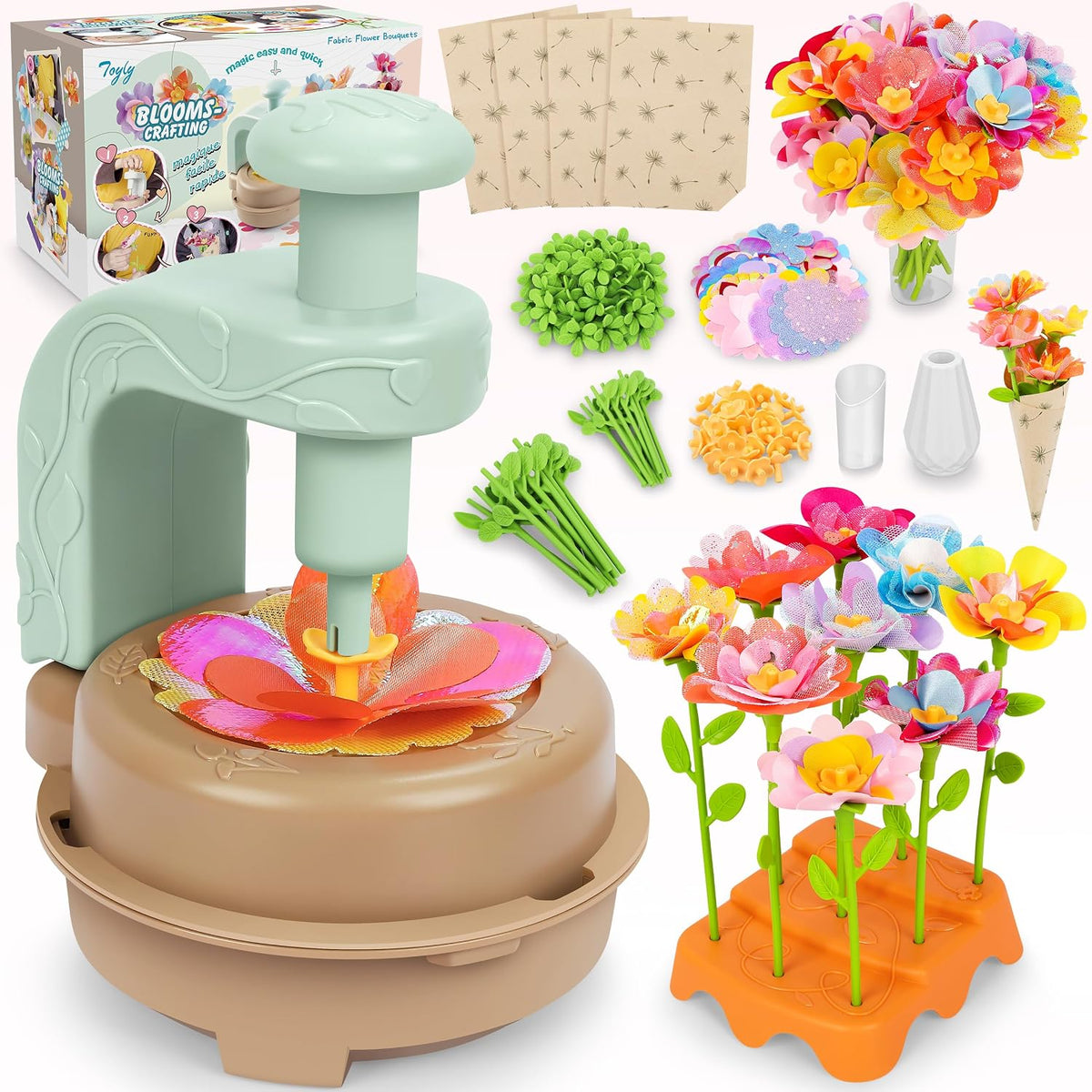 Toyly DIY Fabric Flower Bouquet Craft Kit, 152-Piece Flower Market Set for Kids Ages 4+, Educational Arts & Crafts Toy with Flower Maker, Vases & Bouquet Accessories, Yellow-Green