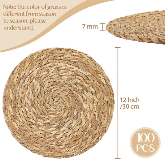 Aneco 100 Pack 12-Inch Round Woven Placemats Natural Hand-Woven Boho Rattan Wicker Bulrush Placemat Farmhouse Rustic Braided Table Mats for Dining & Kitchen Decor