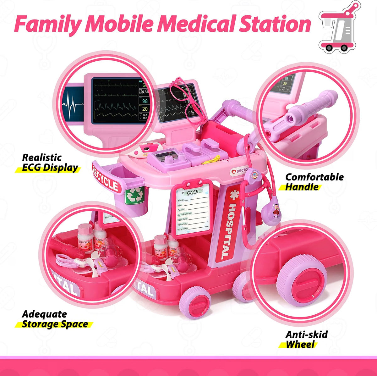 Liberry Kids Doctor Kit Toy with Pretend Doctor Cart, Medical Tools, Costume, Sound & Light Effects, Educational Role Play Set for Toddlers Ages 2-5, Pink