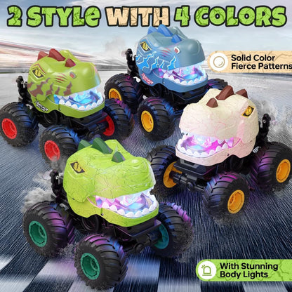 Drefirsa Dinosaur Monster Truck RC Car for Kids Ages 4-7, Remote Control Stunt Car with 360° Spin, 90° Two-Wheel Drive, Lights, Smoke Spray & Music, Green